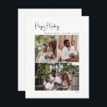 Modern script Prettige feestdagen Verticaal 3 foto Feestdagenkaart<br><div class="desc">Dit moderne script prettige feestdagen verticale 3 fotovakantiekaart is perfect voor uw minimalistische shabby-chic boho zwarte en witte feestelijke groet. De minimale witte handgeschreven kalligrafie is delicaat en robuust, terwijl het klasje en elegant blijft. Het ontwerp weerspiegelt een eenvoudige, volledig witte winterdag en roept herinneringen op aan een meer simplistisch...</div>
