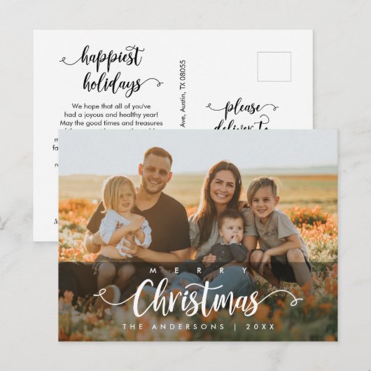Modern script, prettige kerstfoto briefkaart (Voorkant / Achterkant)