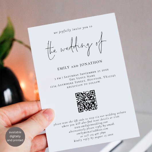 Modern script QR Code Black and White Wedding Kaart