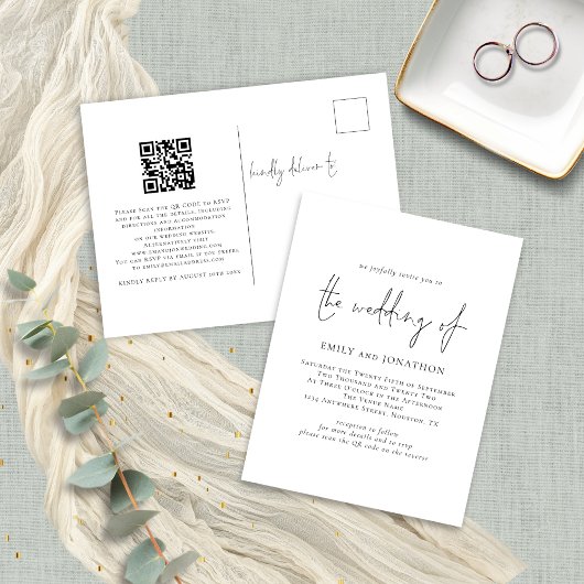 Modern script QR Code Black and White Wedding Uitnodiging Briefkaart