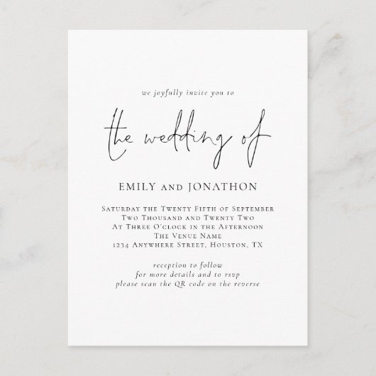Modern script QR Code Black and White Wedding Uitnodiging Briefkaart (Voorkant)