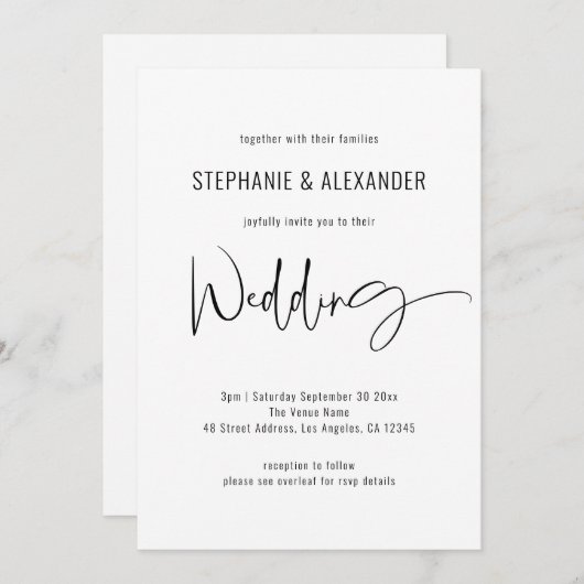 Modern Script QR Code Black White Wedding Kaart (Voorkant / Achterkant)