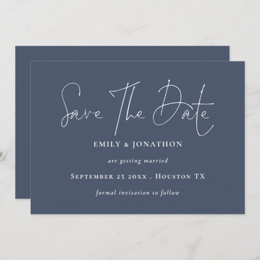 Modern Script QR Code Dusty Navy Blue Save The Date (Voorkant / Achterkant)