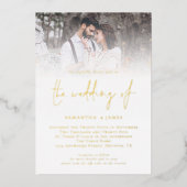 Modern Script QR Code Foto bruiloft Luxe Goud Folie Uitnodiging (Voorkant)