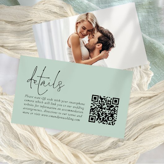 Modern Script QR Code Foto Sage Bruiloft Details Informatiekaartje