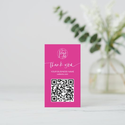 Modern script QR code hot pink order dank u Visitekaartje (Staand voorkant)