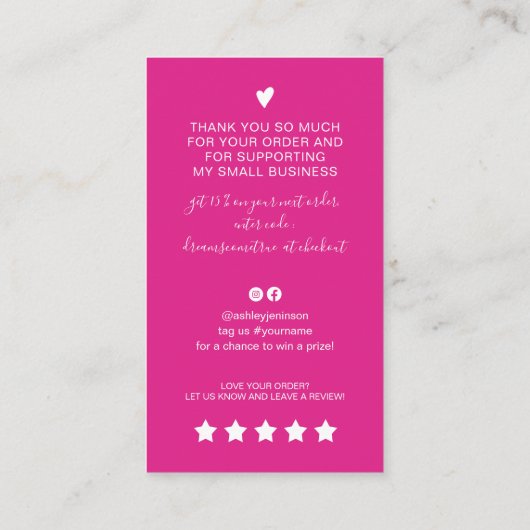 Modern script QR code hot pink order dank u Visitekaartje (Achterkant)