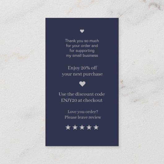 Modern Script QR Code Navy Bestelling Dank u Visitekaartje (Achterkant)