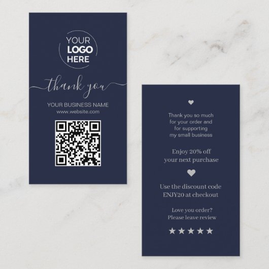 Modern Script QR Code Navy Bestelling Dank u Visitekaartje (Voorkant / Achterkant)