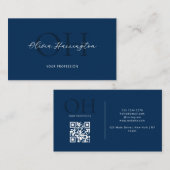 Modern Script QR-code Navy Blue Monogram Visitekaartje (Voorkant / Achterkant)
