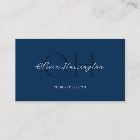 Modern Script QR-code Navy Blue Monogram Visitekaartje (Voorkant)