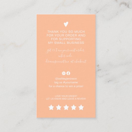 Modern script QR code perzik bestelling dank u Visitekaartje (Achterkant)