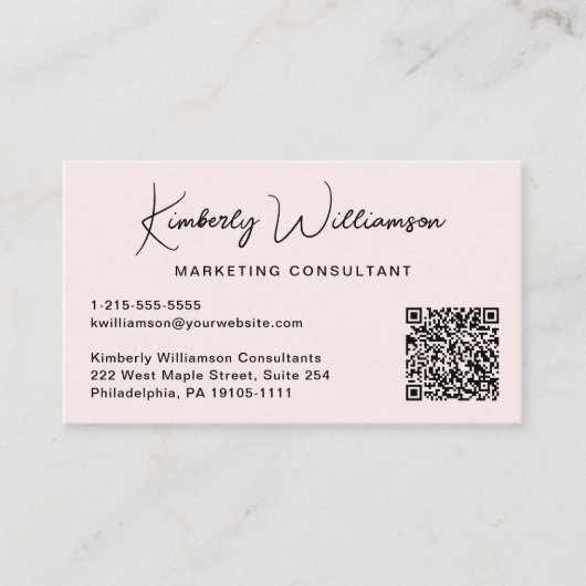 Modern Script QR Code Professional Pink Visitekaartje (Voorkant)