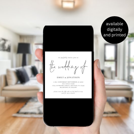 Modern Script QR Code Vierkant Huwelijksuitnodigin Kaart