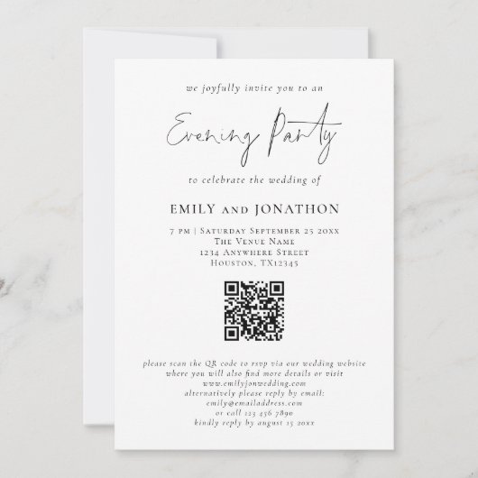 Modern Script QR Code Wedding Evening Party Kaart (Voorkant)