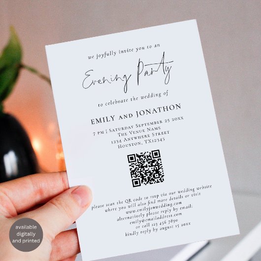 Modern Script QR Code Wedding Evening Party Kaart