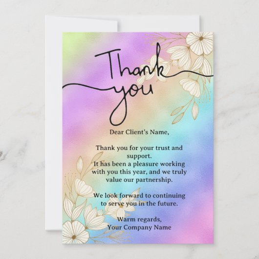 Modern Script Rainbow Pastel Klantwaardering Bedankkaart (Voorkant)