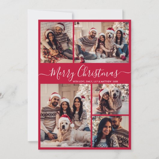 Modern Script Red 5 Fotocollage Kerstmis Feestdagenkaart (Voorkant)