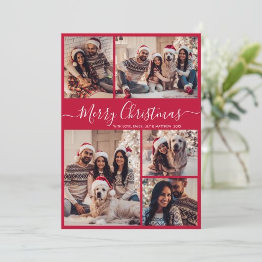 Modern Script Red 5 Fotocollage Kerstmis Feestdagenkaart (Staand voorkant)