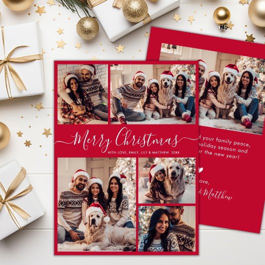 Modern Script Red 5 Fotocollage Kerstmis Feestdagenkaart