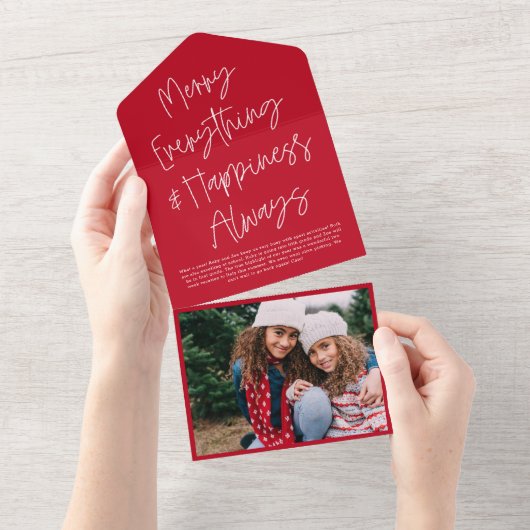 Modern Script Red Christmas Holiday fotokaart All In One Uitnodiging (Afscheurbaar)