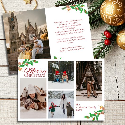 Modern Script Red Five Photo Collage Kerstmis Feestdagenkaart