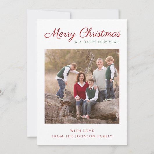 Modern Script Red Green Checkast met kerstfoto Feestdagenkaart (Voorkant)