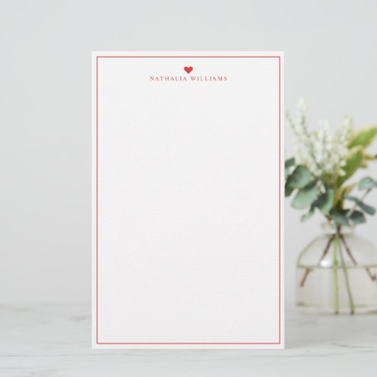 Modern Script Red Heart Border Monogram Briefpapier (Staand voorkant)