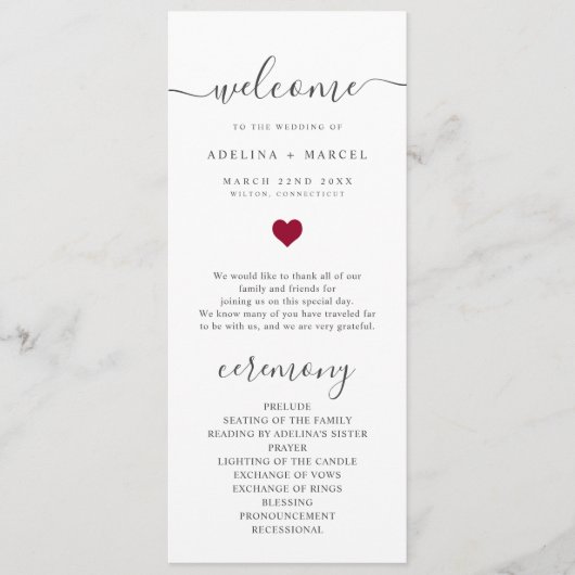 Modern Script Red Heart Welkom huwelijksprogramma Programmakaart (Voorkant)