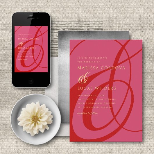Modern Script Red Pink Ampersand Wedding Kaart