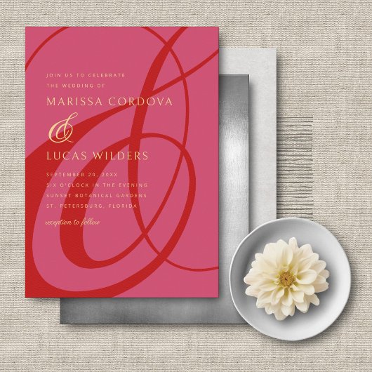 Modern Script Red Pink Ampersand Wedding Kaart
