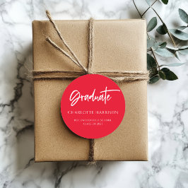 Modern Script Red White Afstuderen Ronde Sticker