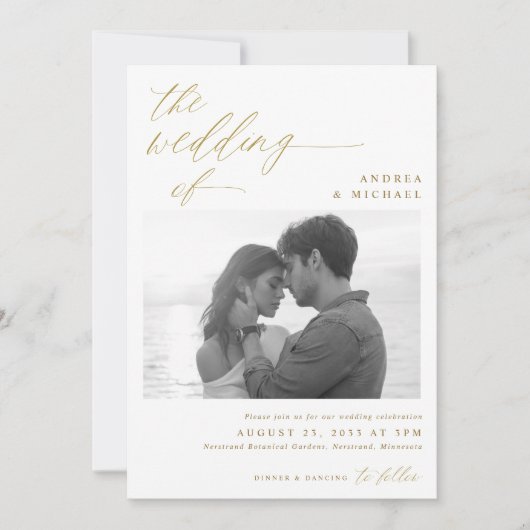 Modern Script Romantic Photo Gold Wedding Kaart (Voorkant)