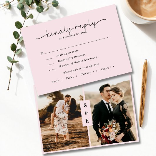 Modern Script Romantische Blush Roze Fotobruiloft RSVP Kaartje