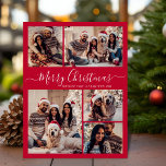 Modern Script Rood 5 foto Collage Kerstmis Briefkaart<br><div class="desc">Elegante, moderne 5 foto collage vakantie rode kerst familie foto Briefkaarten. Deze feestelijke, minimalistische, grillige vijf (5) foto vakantie wenskaart sjabloon beschikt over een grid fotocollage en zegt "Vrolijk kerstfeest"! De begroetingstekst "Merry Christmas" is geschreven in een prachtig handgeschreven wervelig swirly-tail wit lettertype script op rode kleur achtergrond. Op de...</div>