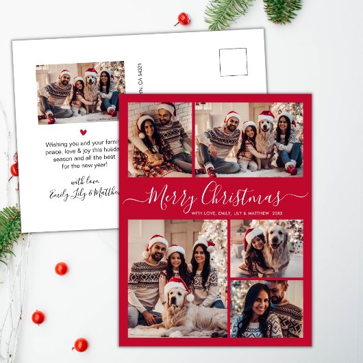 Modern Script Rood 5 foto Collage Kerstmis Briefkaart