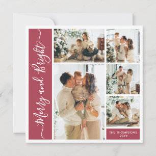 Modern Script Rood 5 Foto Merry & Bright Collage Feestdagenkaart