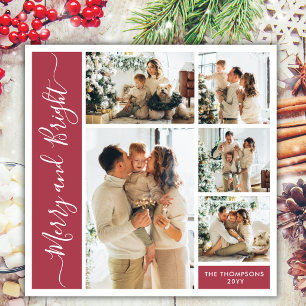 Modern Script Rood 5 Foto Merry & Bright Collage Feestdagenkaart
