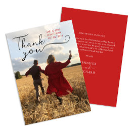 Modern Script Rood Budget Bruiloft Naam en foto Bedankkaart