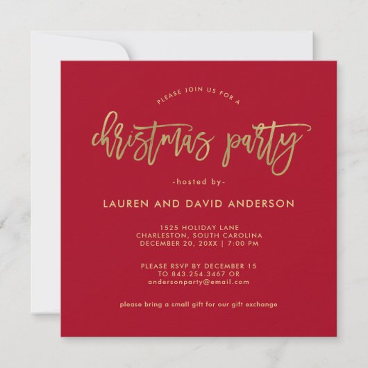 Modern script | Rood en Faux Goud Kerstfeest Kaart (Voorkant)