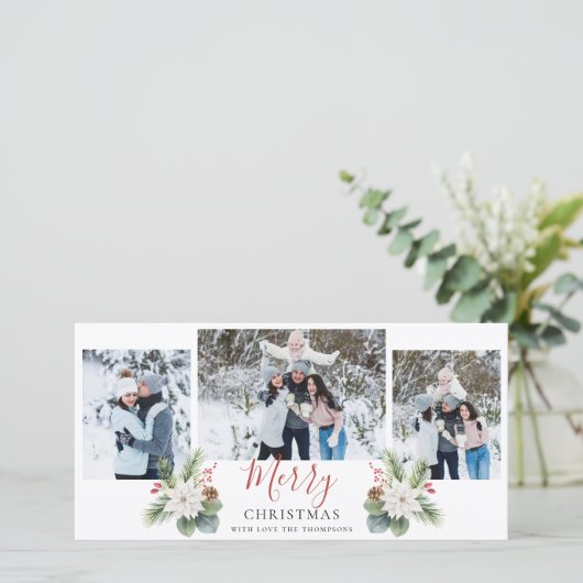 Modern Script Rood & Wit Kerstmis 3 Foto's Feestdagenkaart (Staand voorkant)