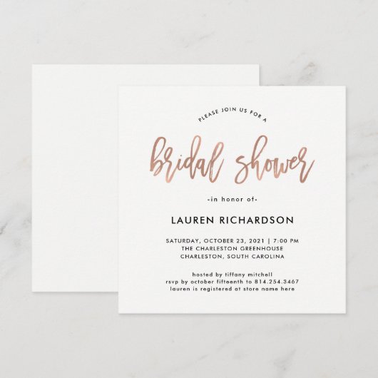 Modern script | Roos Gold Bridal Shower Kaart (Voorkant / Achterkant)