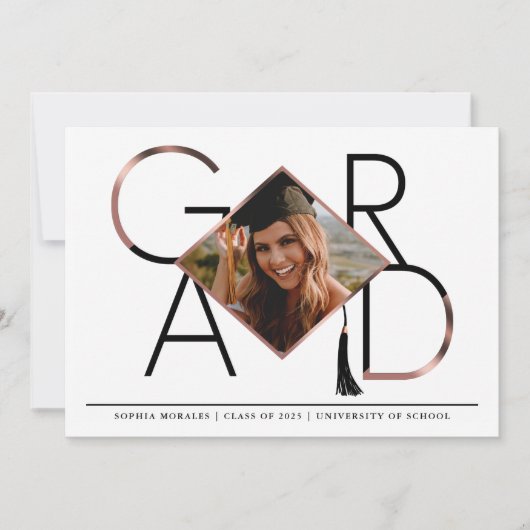 Modern Script Roos Gold Tassel Afstudeerder Fotoco Kaart (Voorkant)