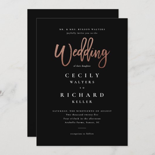 Modern Script Roos Gold Wedding Kaart (Voorkant / Achterkant)