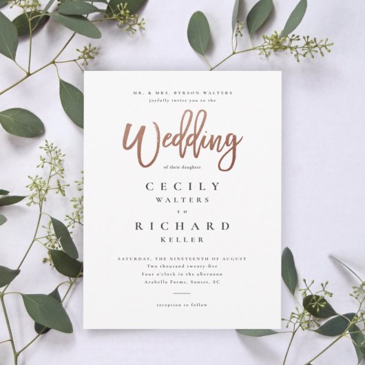 Modern Script Roos Gold Wedding Kaart
