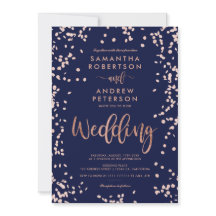 Modern script roos gouden confetti marine blauw br