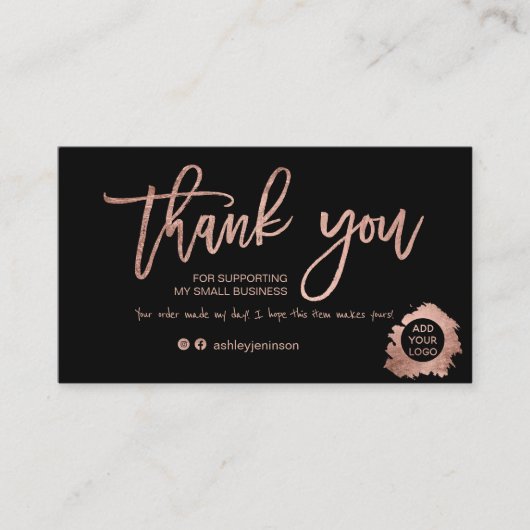 Modern script roos gouden folie zwarte orde dank u visitekaartje (Voorkant)