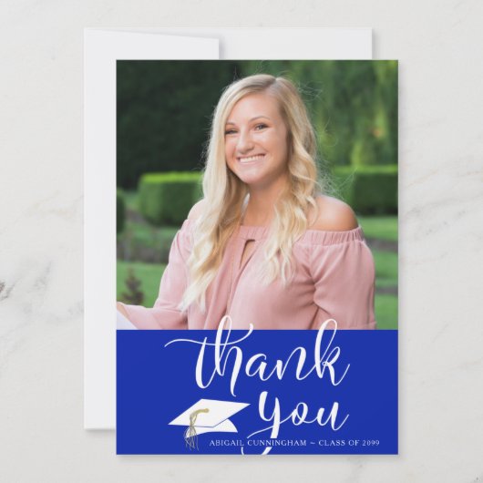 Modern Script Royal Blue Afstuderen Foto Bedankkaart (Voorkant)