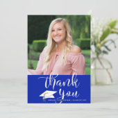 Modern Script Royal Blue Afstuderen Foto Bedankkaart (Staand voorkant)