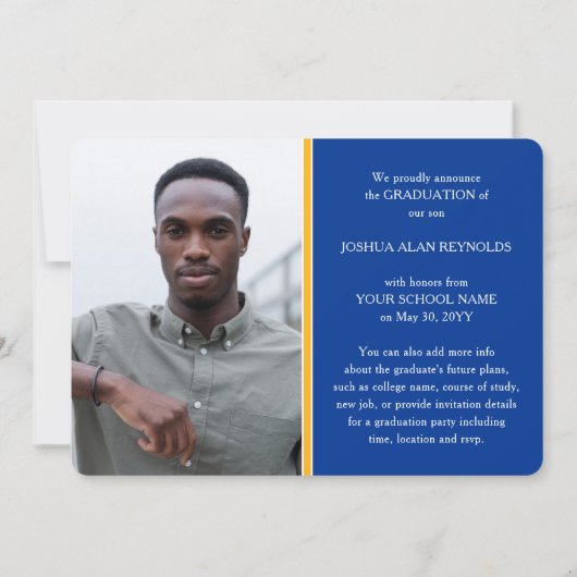 Modern Script Royal Blue & Gold 4 Foto Afstuderen Aankondiging (Achterkant)